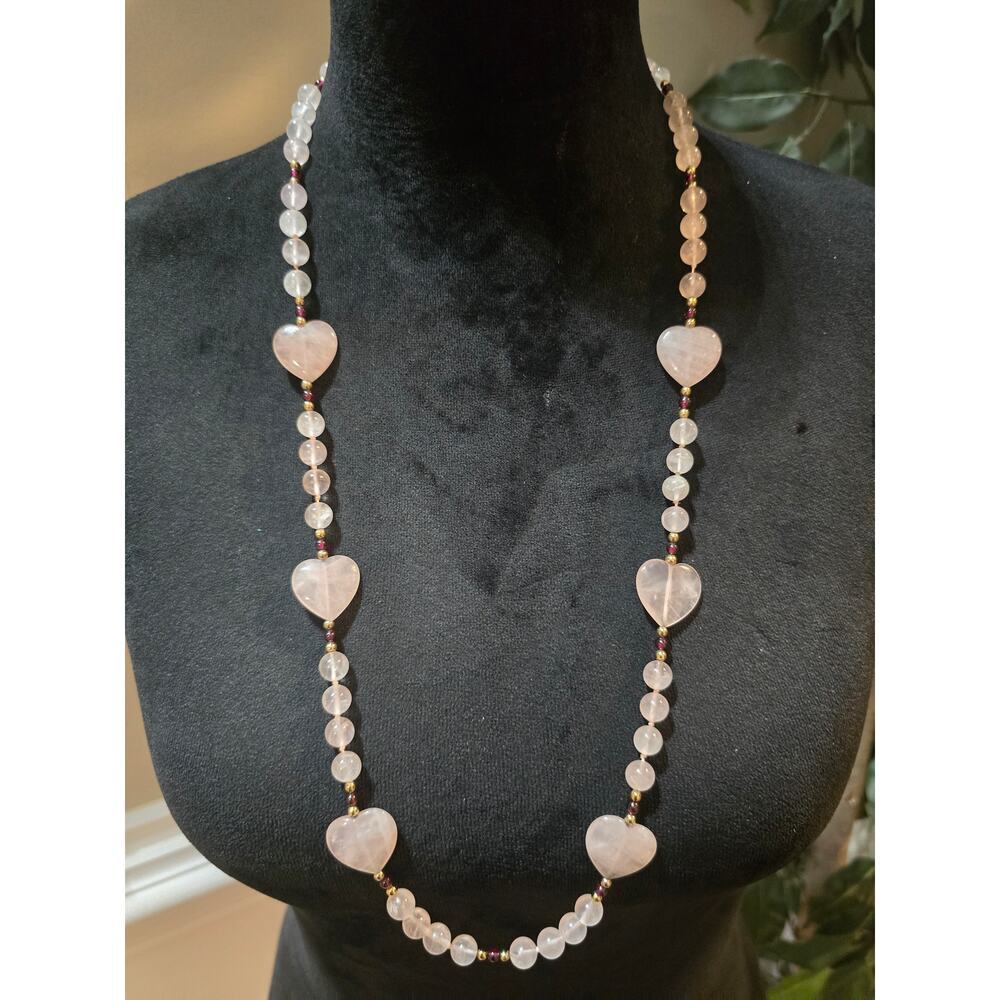 Women's Rose Quartz Heart Bead Necklace Gold Spacer Beads And Garnet Accents